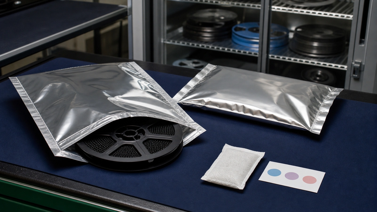 Component reel with moisture barrier bags, desiccant and a humidity indicator card beside a dry cabinet