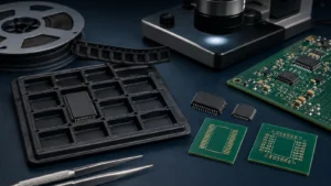 Nearly empty IC tray with candidate replacement components and PCB footprints under engineering inspection