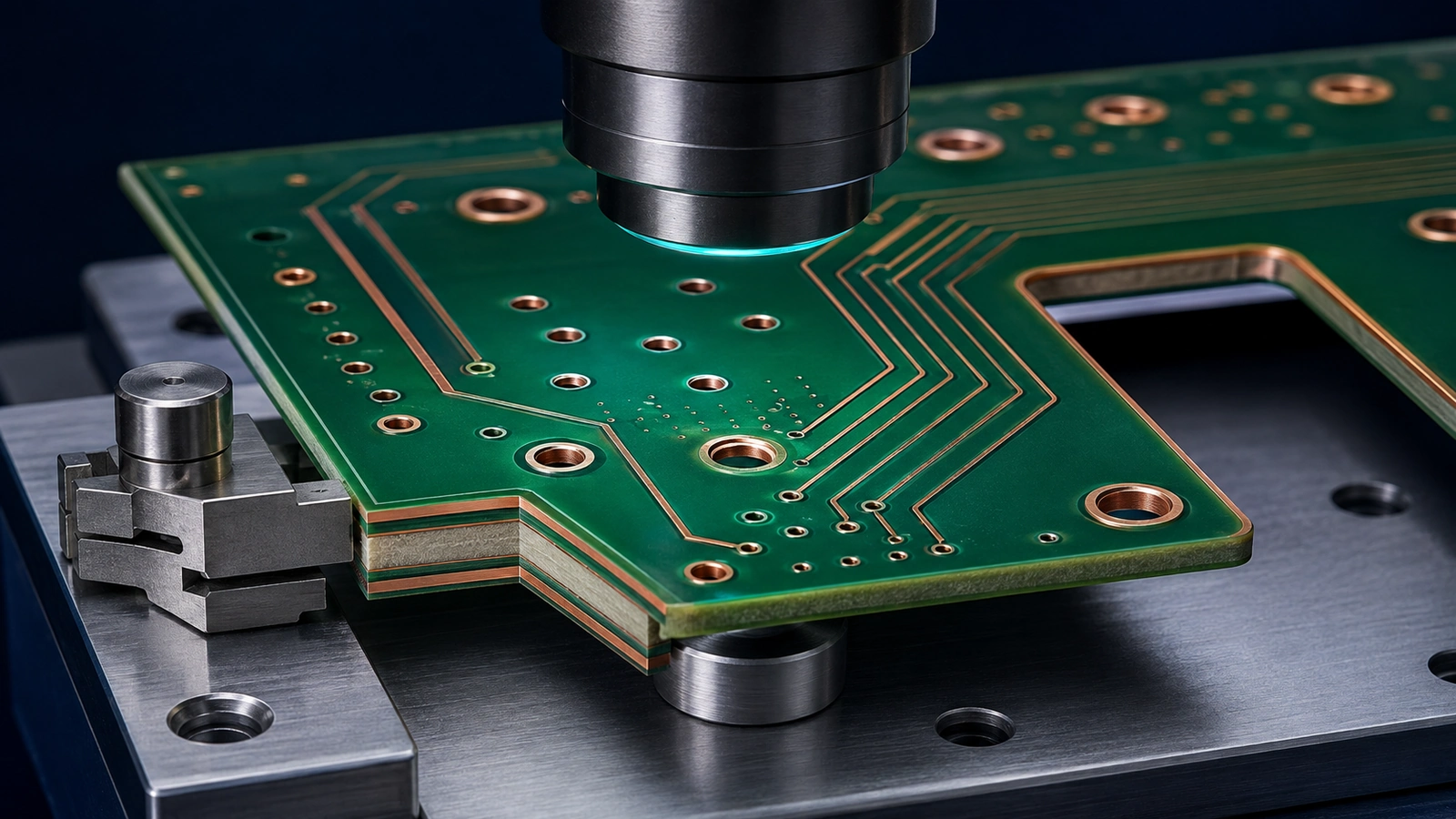 Optical inspection of PCB drilled holes, copper traces, routed slot and exposed board cross-section