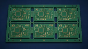 Six-board PCB panel with tooling rails, fiducials, routed slots, perforated breakaway tabs and straight separation lines