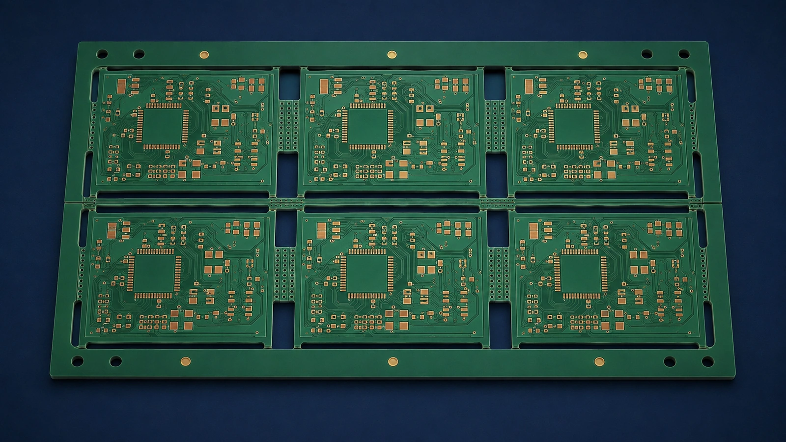 Six-board PCB panel with tooling rails, fiducials, routed slots, perforated breakaway tabs and straight separation lines