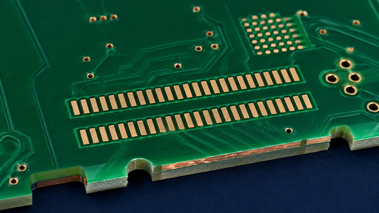 Green PCB solder mask with fine-pitch pad openings, narrow mask dams, exposed pads and plated vias