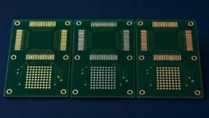 PCB solder pads comparing gold-like, silver-tin and copper-toned surface finishes