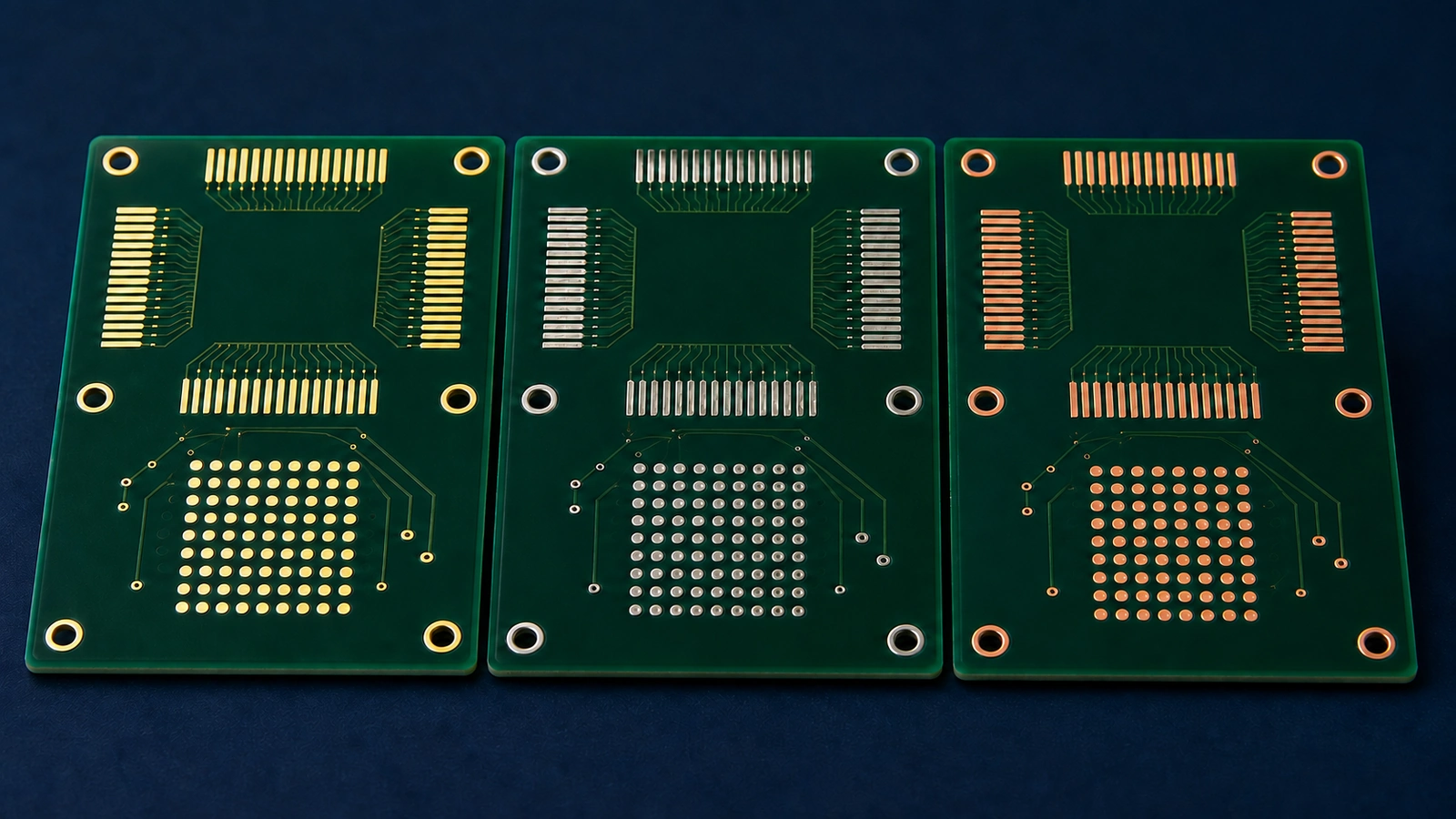 PCB solder pads comparing gold-like, silver-tin and copper-toned surface finishes