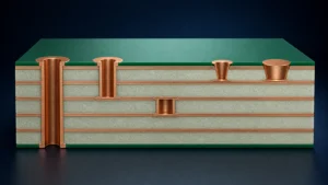 Multilayer PCB cross-section showing through, blind, buried, microvia and filled via-in-pad structures