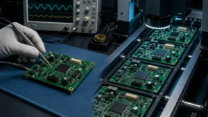 Prototype PCBA under bench testing beside matching circuit boards moving through production inspection