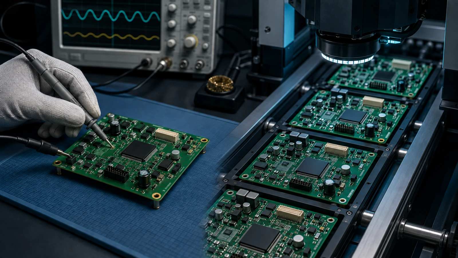 Prototype PCBA under bench testing beside matching circuit boards moving through production inspection