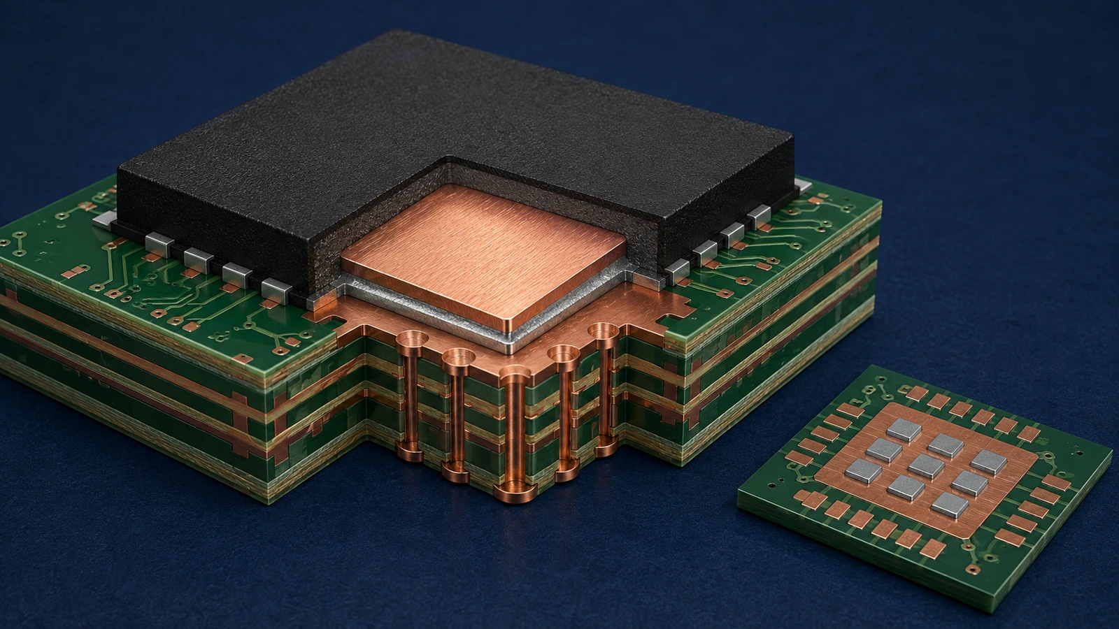 QFN package cutaway showing a central thermal pad and thermal vias beside a segmented solder paste footprint