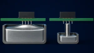 Side-by-side soldering illustration comparing a broad solder wave with a localized nozzle beneath through-hole PCB joints