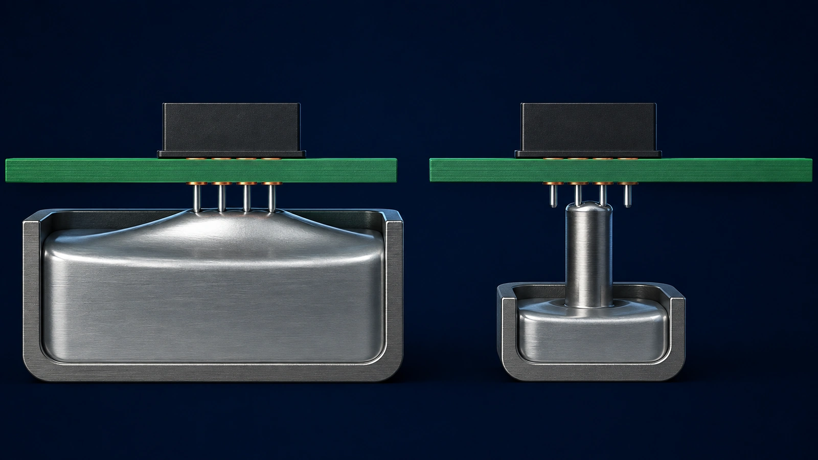 Side-by-side soldering illustration comparing a broad solder wave with a localized nozzle beneath through-hole PCB joints