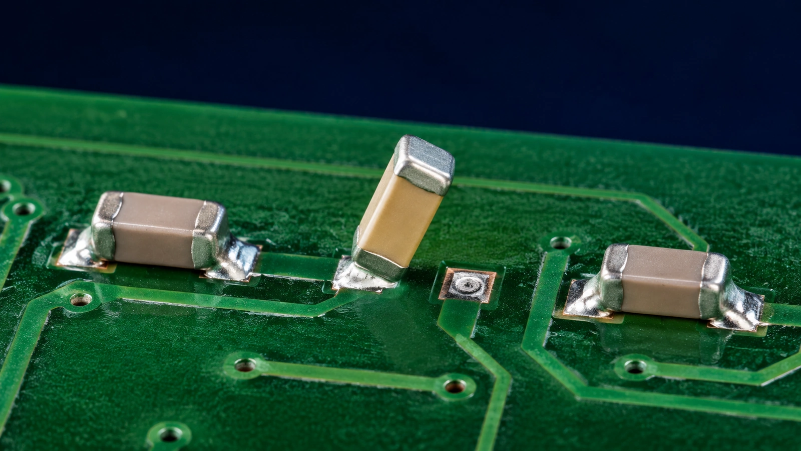 Tombstoned chip capacitor with one end lifted above its PCB pad beside normally soldered components