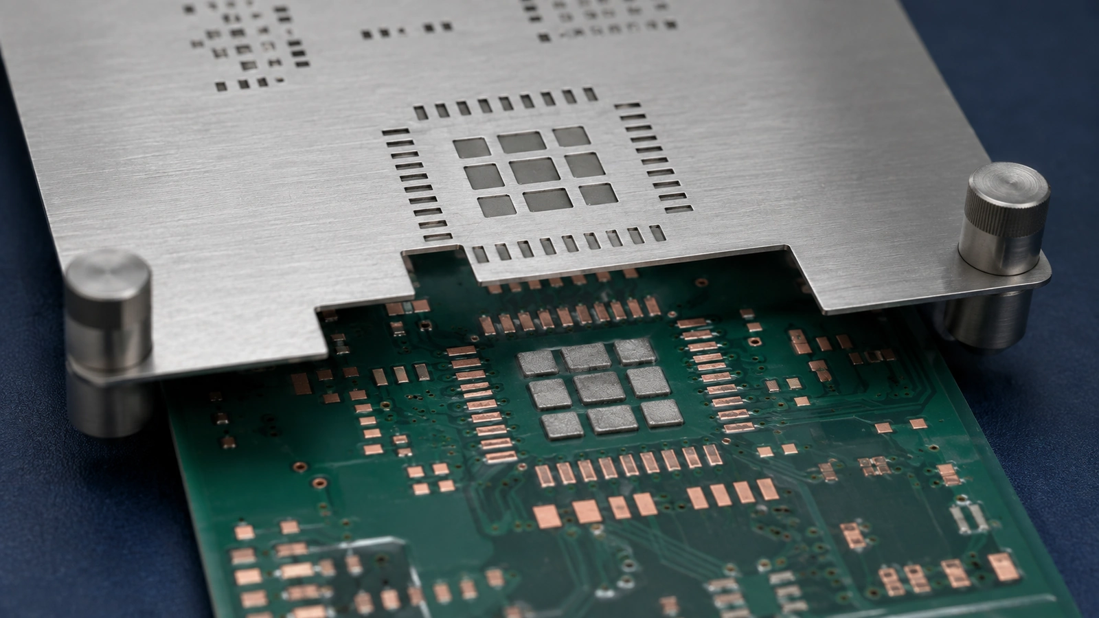 Stainless steel SMT stencil above a PCB with fine-pitch apertures and segmented solder paste deposits