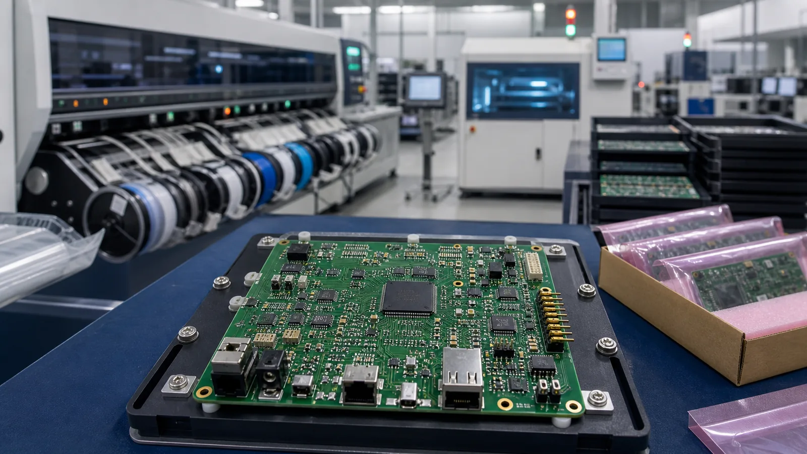 Turnkey PCB assembly process with SMT production, inspection, ESD packaging and a finished assembled PCBA
